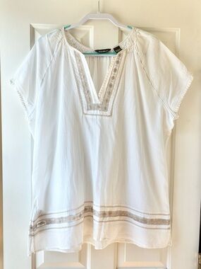 Eddie Bauer Cotton Gauze Blouse Tunic Top Cream White Tan Plus Size XXL
